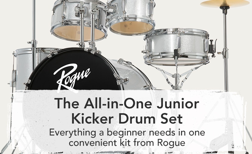 The All-in-One Junior Kicker Drum Set. Everything a beginner needs in one convenient kit from Rogue. Shop Now